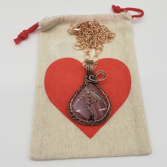 737- Red Agate Stone Tree Of Life Wire Wrapped Pendant Necklace Handmade NWT - Picture 10 of 12